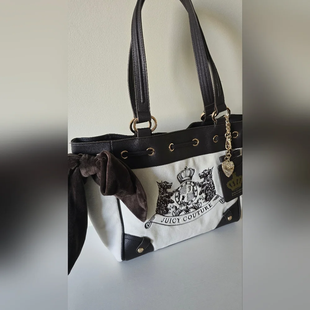Juicy Couture Classic Scottie Dogs Tote Crystal Canvas Black Trim NWT